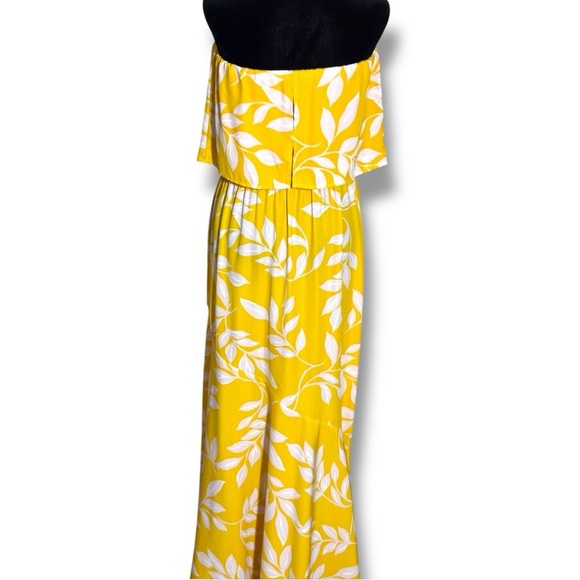 Tyche Bright Yellow with White Leaf Pattern Cinched Waist Strapless Maxi Dress - Picture 6 of 16